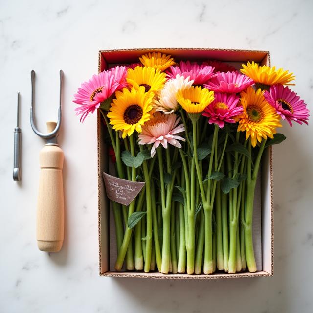 Une boîte d'abonnement floral contenant des fleurs fraîches prêtes à être arrangées.