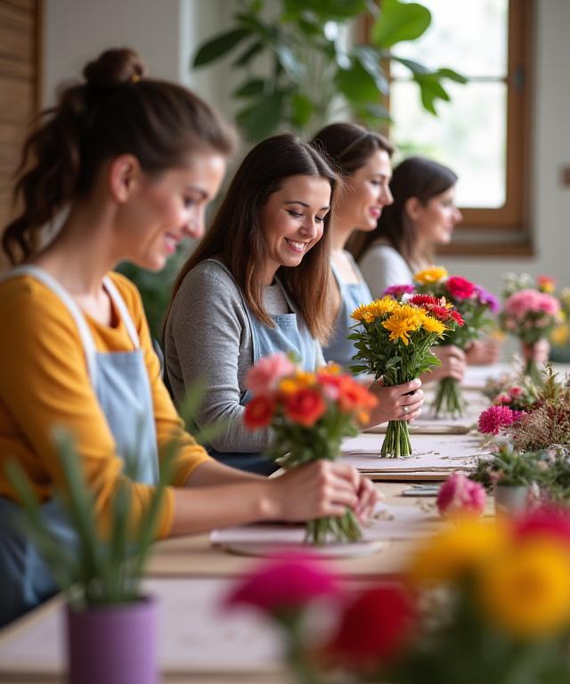 Participants souriants lors d'un atelier floral chez Fleur & Sens, créant leurs propres bouquets.