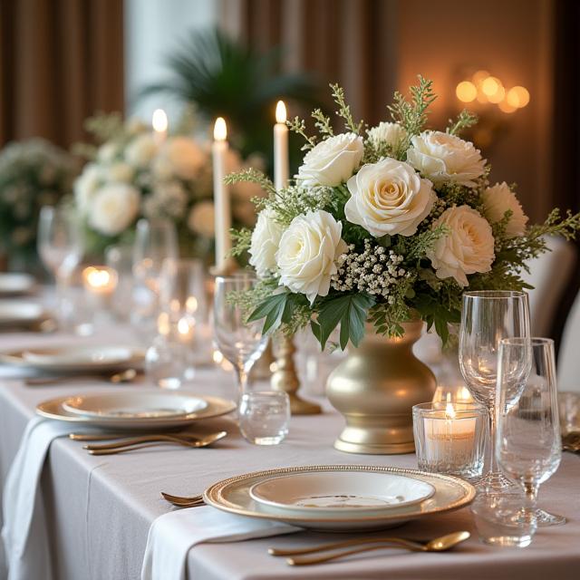 Une table de mariage élégamment décorée avec des arrangements floraux.