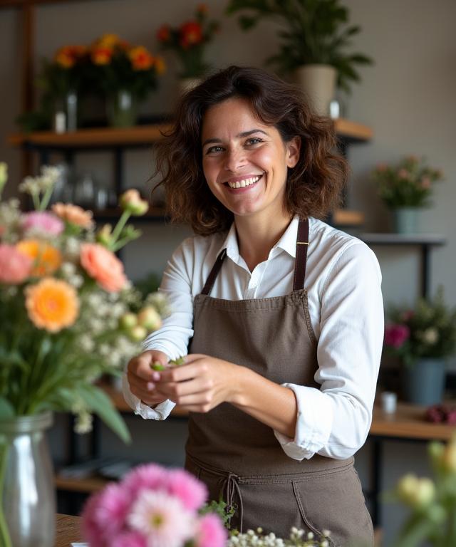 La fondatrice de Fleur & Sens, souriante, arrangeant un bouquet avec soin dans son atelier.